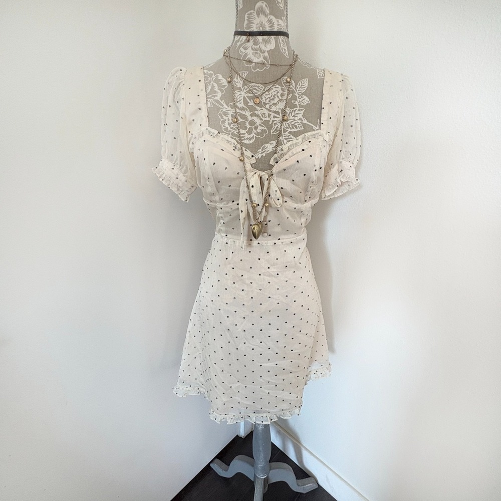 Dress Forum Womens Small Cream Heart Polka Dot Puff Sleeve Mini Dress